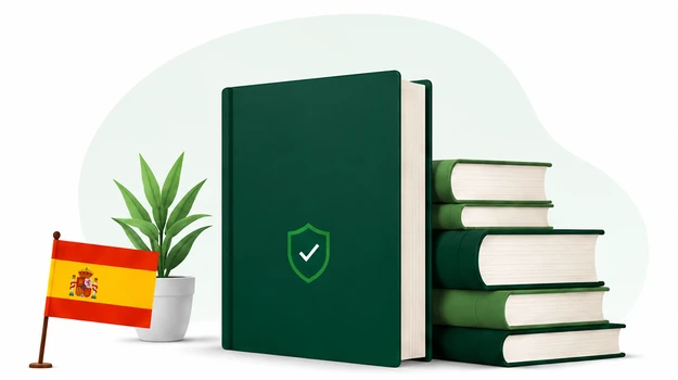 Glosario de seguros ilustrado con libros y la bandera de España